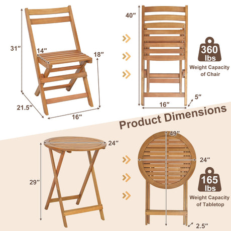 Juego de bistro plegable de 3 piezas para patio con mesa de listones