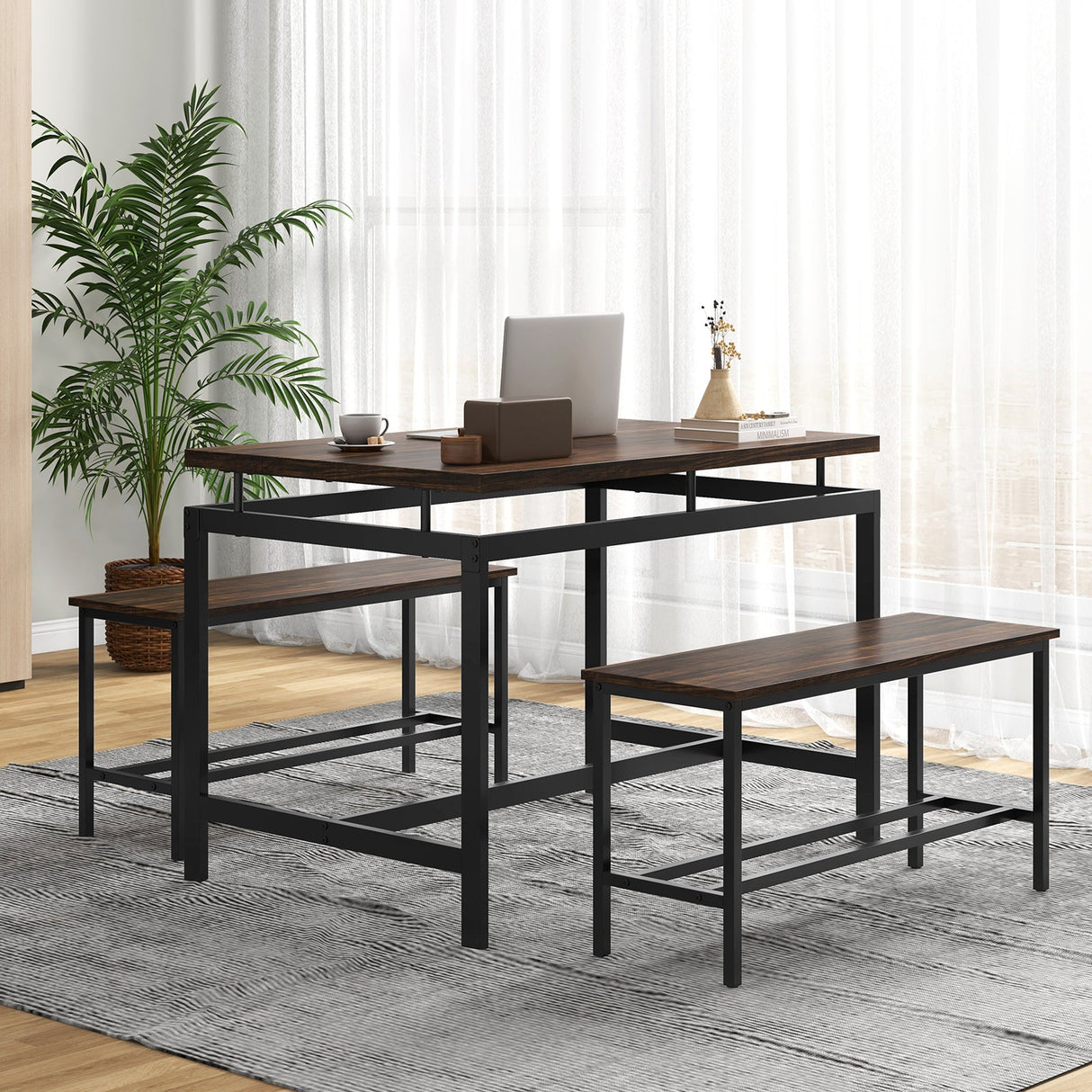 Juego de comedor de 3 piezas con mesa de cocina de madera y 2 bancos - Marrón