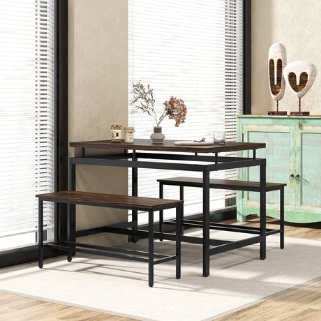Juego de comedor de 3 piezas con mesa de cocina de madera y 2 bancos - Marrón