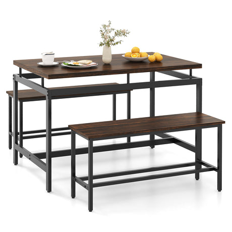 Juego de comedor de 3 piezas con mesa de cocina de madera y 2 bancos - Marrón