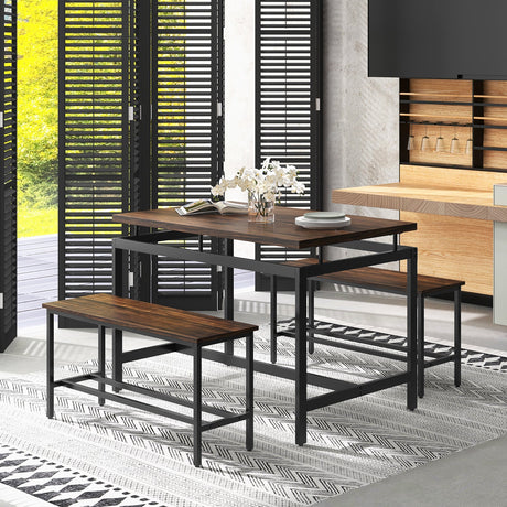 Juego de comedor de 3 piezas con mesa de cocina de madera y 2 bancos - Marrón