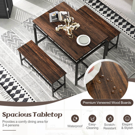 Juego de comedor de 3 piezas con mesa de cocina de madera y 2 bancos - Marrón