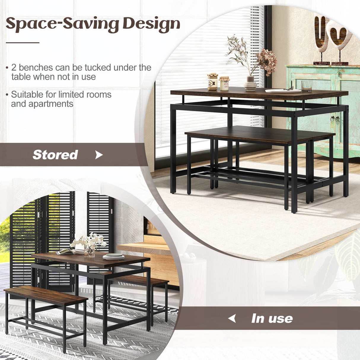 Juego de comedor de 3 piezas con mesa de cocina de madera y 2 bancos - Marrón