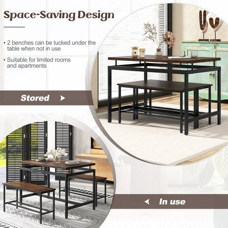 Juego de comedor de 3 piezas con mesa de cocina de madera y 2 bancos - Marrón