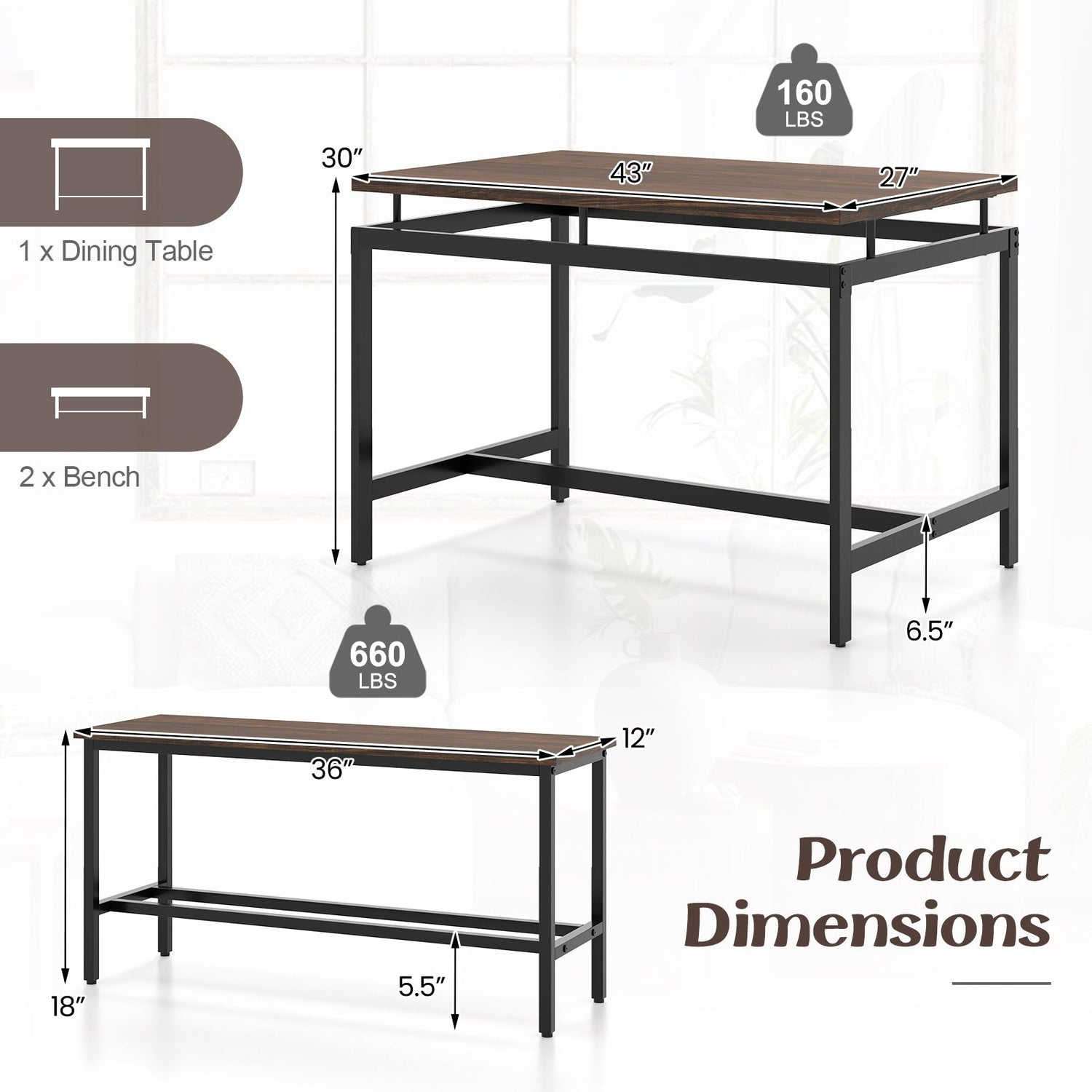 Juego de comedor de 3 piezas con mesa de cocina de madera y 2 bancos - Marrón