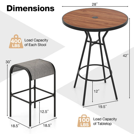 Juego de mesa redonda de bar de 3 piezas para exteriores con agujero para sombrilla de 1.6 pulgadas