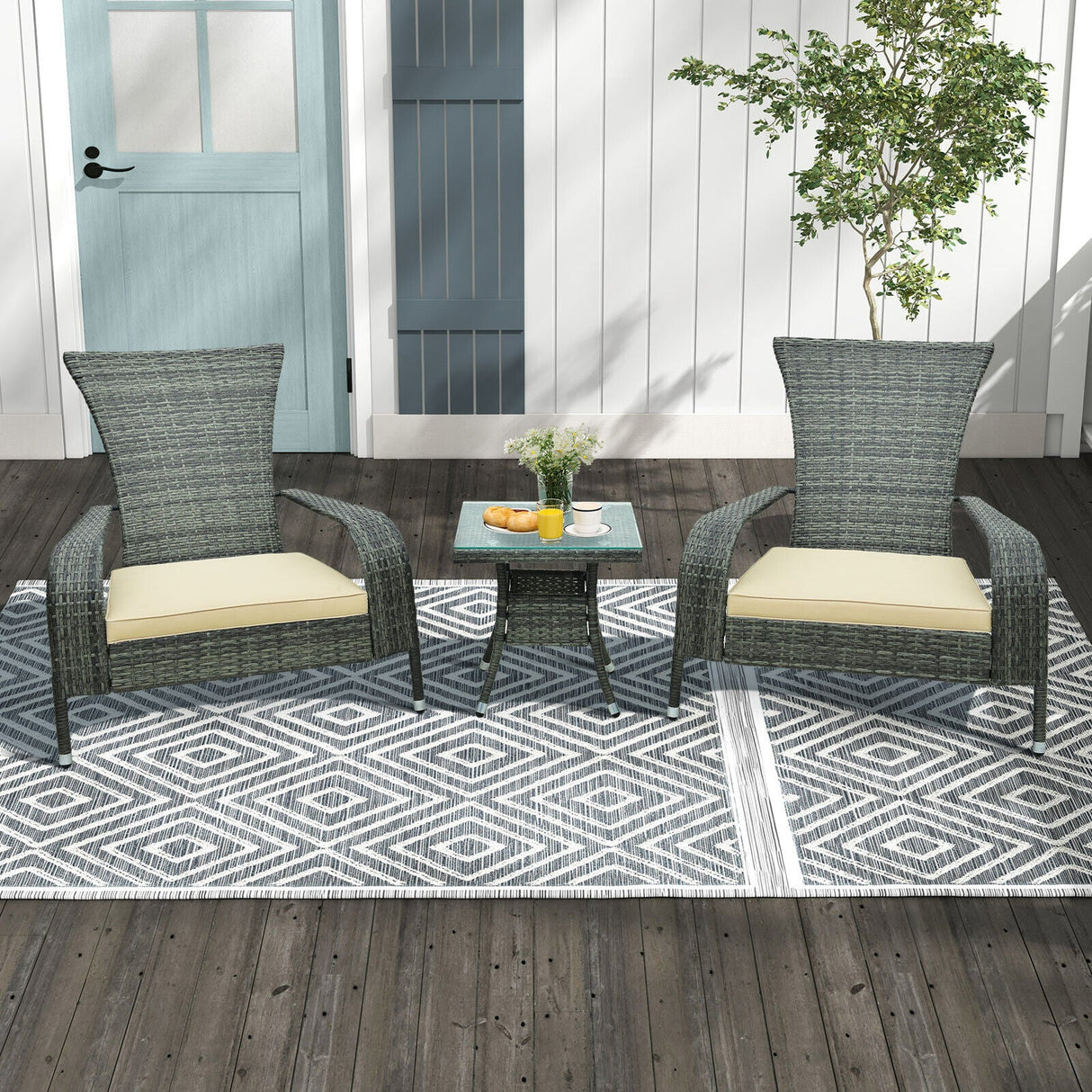Juego de 3 piezas de Adirondack de mimbre con cómodos cojines de asiento - Gris