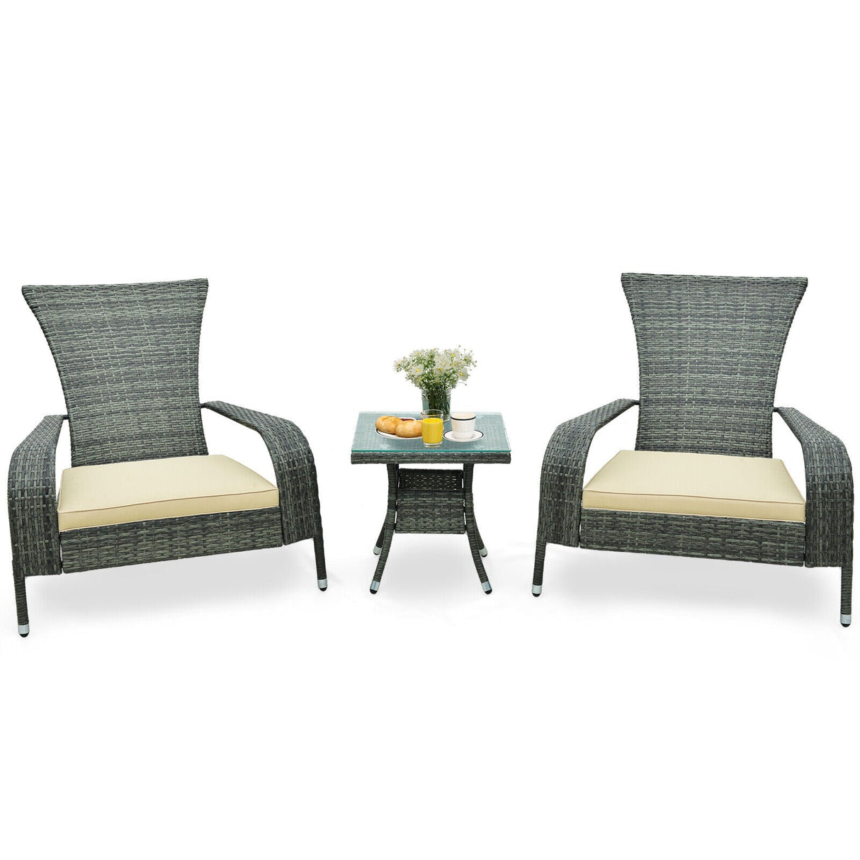 Juego de 3 piezas de Adirondack de mimbre con cómodos cojines de asiento - Gris