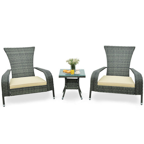 Juego de 3 piezas de Adirondack de mimbre con cómodos cojines de asiento - Gris