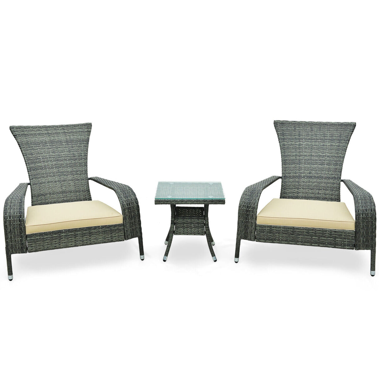 Juego de 3 piezas de Adirondack de mimbre con cómodos cojines de asiento - Gris