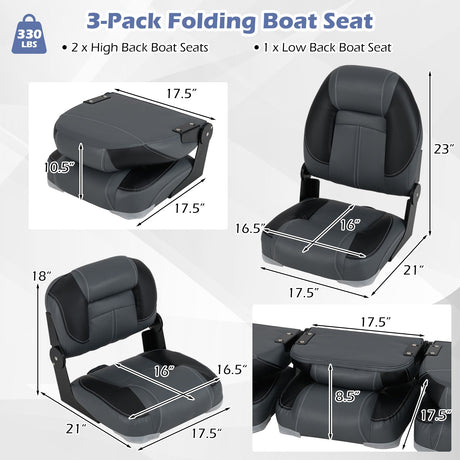 Asientos de barco plegables de 3 unidades con acolchado de esponja suave 28D - Negro