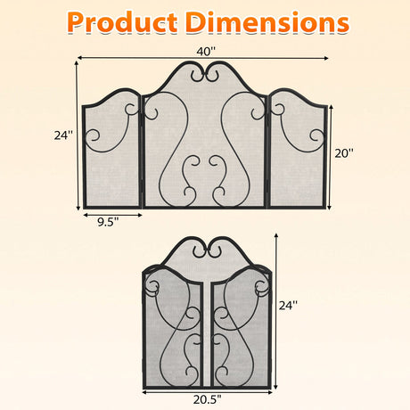 Parachispas plegable de 3 paneles para chimenea con diseño decorativo de espiral