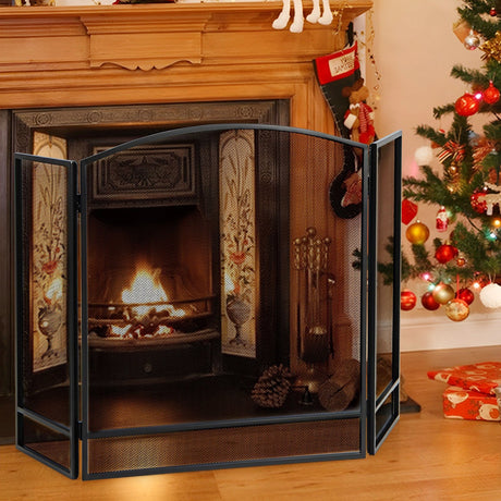 Pantalla plegable de 3 paneles para chimenea con malla de hierro forjado - Negra