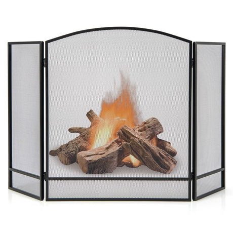 Pantalla plegable de 3 paneles para chimenea con malla de hierro forjado - Negra