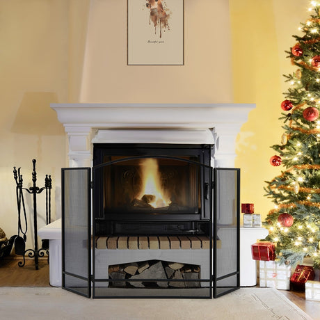Pantalla plegable de 3 paneles para chimenea con malla de hierro forjado - Negra