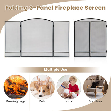 Pantalla plegable de 3 paneles para chimenea con malla de hierro forjado - Negra