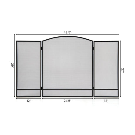 Pantalla plegable de 3 paneles para chimenea con malla de hierro forjado - Negra