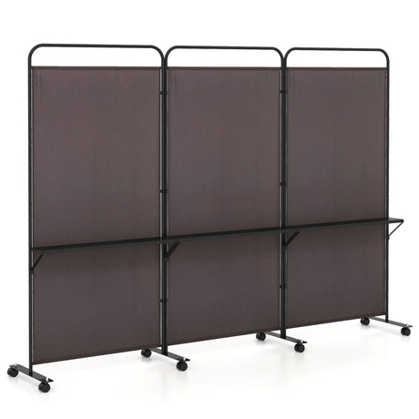 Divisor de ambientes plegable de 3 paneles con 3 estantes metálicos y ruedas con bloqueo