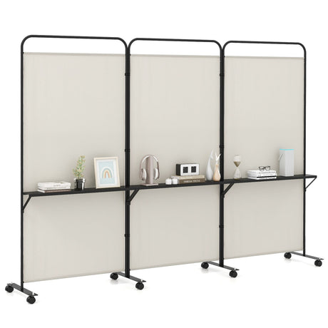 Divisor de ambientes plegable de 3 paneles con 3 estantes metálicos y ruedas con bloqueo