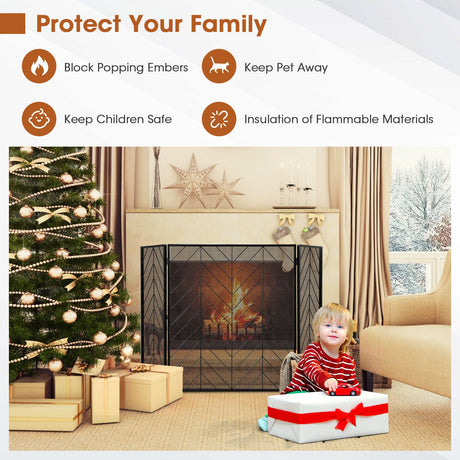 Pantalla Metálica Plegable de 3 Paneles para Chimenea con Malla Metálica