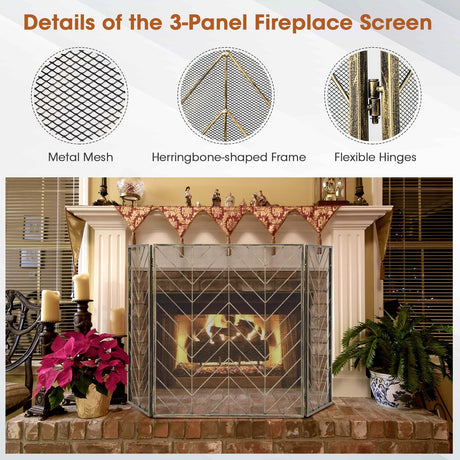 Pantalla Metálica Plegable de 3 Paneles para Chimenea con Malla Metálica