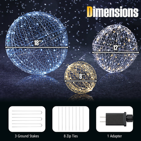 3 piezas de esferas navideñas iluminadas, grandes, de metal, para colocar de pie o colgar, con 435 luces LED