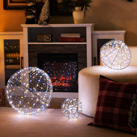 3 piezas de esferas navideñas iluminadas, grandes, de metal, para colocar de pie o colgar, con 435 luces LED