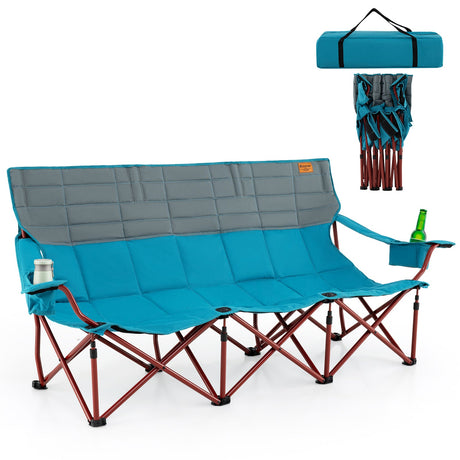 Silla de camping plegable para 3 personas con 2 portavasos, acolchado de algodón y bolsa de almacenamiento