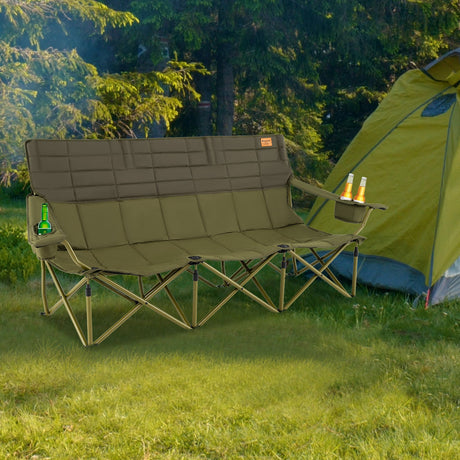 Silla de camping plegable para 3 personas con 2 portavasos, acolchado de algodón y bolsa de almacenamiento
