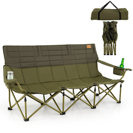 Silla de camping plegable para 3 personas con 2 portavasos, acolchado de algodón y bolsa de almacenamiento