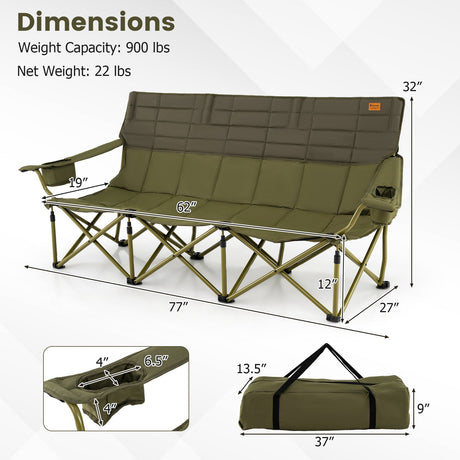 Silla de camping plegable para 3 personas con 2 portavasos, acolchado de algodón y bolsa de almacenamiento