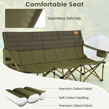 Silla de camping plegable para 3 personas con 2 portavasos, acolchado de algodón y bolsa de almacenamiento