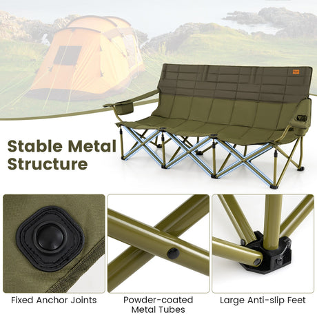 Silla de camping plegable para 3 personas con 2 portavasos, acolchado de algodón y bolsa de almacenamiento