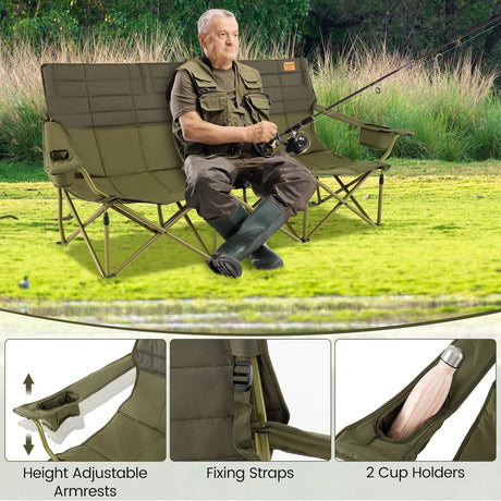 Silla de camping plegable para 3 personas con 2 portavasos, acolchado de algodón y bolsa de almacenamiento