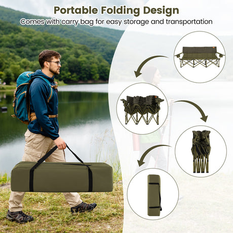 Silla de camping plegable para 3 personas con 2 portavasos, acolchado de algodón y bolsa de almacenamiento