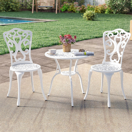 Juego de bistro de 3 piezas de aluminio fundido para todo tipo de clima con mesa y sillas con orificios para sombrilla - Blanco