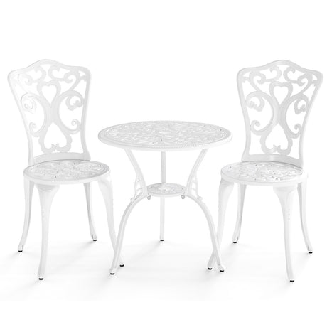 Juego de bistro de 3 piezas de aluminio fundido para todo tipo de clima con mesa y sillas con orificios para sombrilla - Blanco