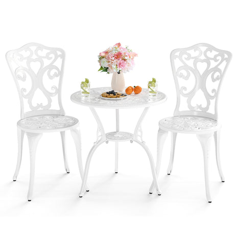 Juego de bistro de 3 piezas de aluminio fundido para todo tipo de clima con mesa y sillas con orificios para sombrilla - Blanco