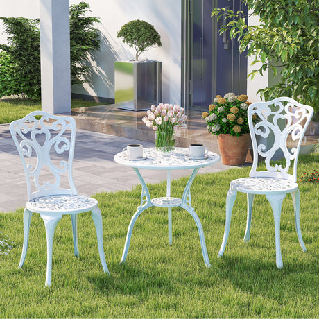 Juego de bistro de 3 piezas de aluminio fundido para todo tipo de clima con mesa y sillas con orificios para sombrilla - Blanco