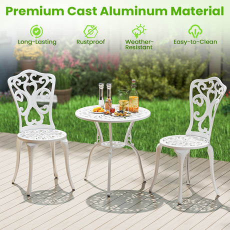 Juego de bistro de 3 piezas de aluminio fundido para todo tipo de clima con mesa y sillas con orificios para sombrilla - Blanco
