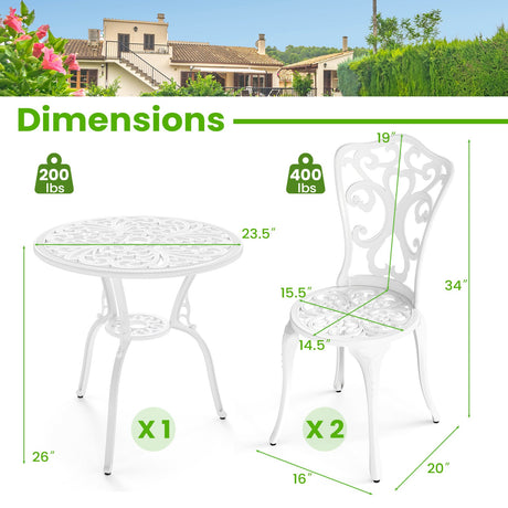 Juego de bistro de 3 piezas de aluminio fundido para todo tipo de clima con mesa y sillas con orificios para sombrilla - Blanco