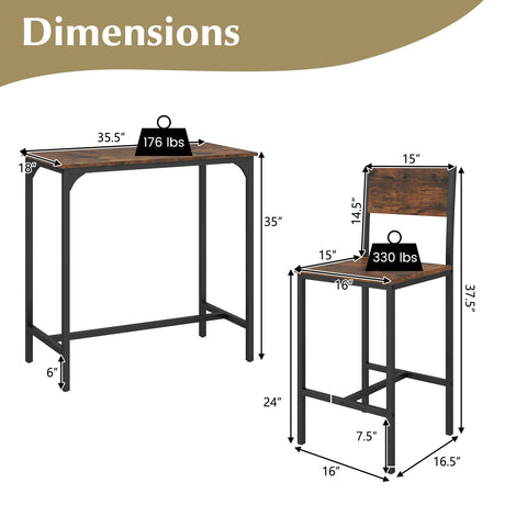 Juego de mesa de bar de 3 piezas con respaldo y reposapiés para espacios pequeños