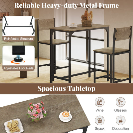 Juego de mesa de bar de 3 piezas con respaldo y reposapiés para espacios pequeños