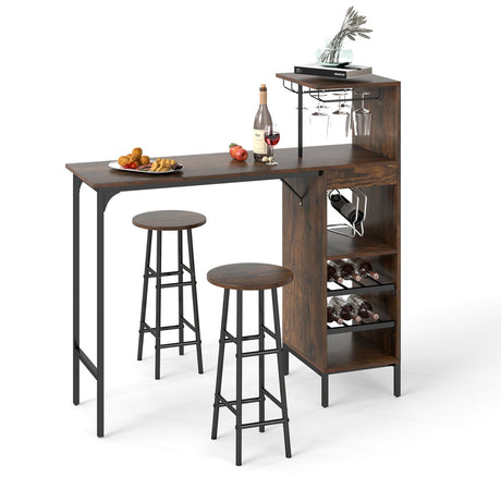Juego de mesa de bar y 2 sillas de 3 piezas con botellero de 6 botellas - Marrón