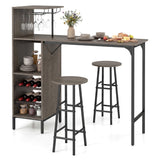 3 Piece Bar Table and Chairs Set with 6-Bottle Wine Rack-Brown