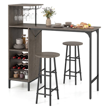 Juego de mesa de bar y 2 sillas de 3 piezas con botellero de 6 botellas - Marrón