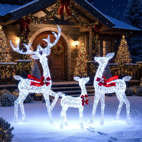 Juego de 3 renos iridiscentes iluminados de Navidad con 215 luces LED blancas frías y estacas de tierra