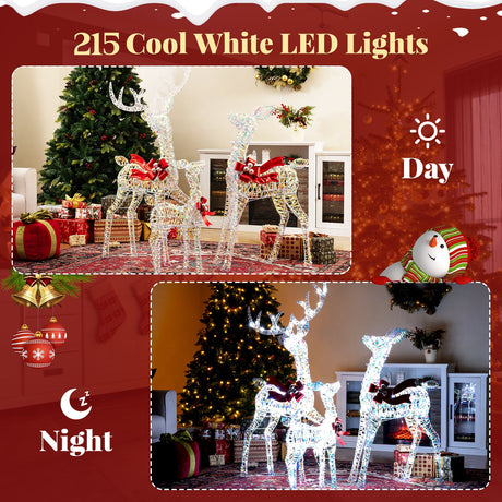 Juego de 3 renos iridiscentes iluminados de Navidad con 215 luces LED blancas frías y estacas de tierra