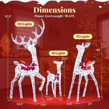 Juego de 3 renos iridiscentes iluminados de Navidad con 215 luces LED blancas frías y estacas de tierra