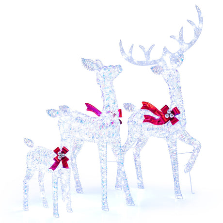 Juego de 3 renos iridiscentes iluminados de Navidad con 215 luces LED blancas frías y estacas de tierra